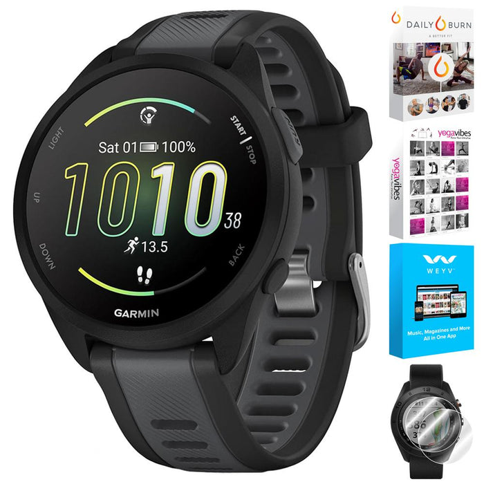 Garmin Forerunner 165 Smart Sport Watch, Black + Slate Gray w/ Fitness Bundle