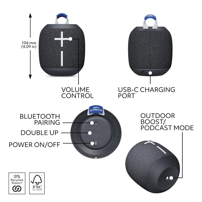 Logitech Core Wonderboom 4 Portable Waterproof Bluetooth Speaker, 360-Degree Sound - Black