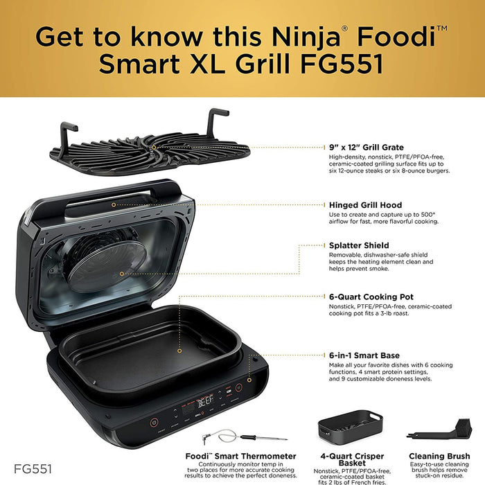 Ninja FG551 Foodi Smart XL 6-in-1 Indoor Grill with 4 QT Air Fryer  622356564540