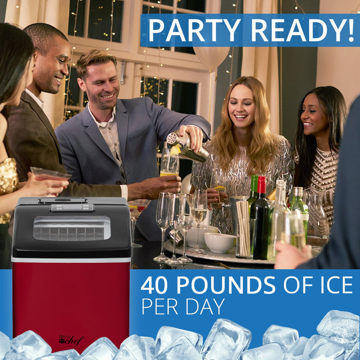 Deco Chef Countertop Portable Ice Maker for Home or Office, 40 lb/Day, Red with Black Lid