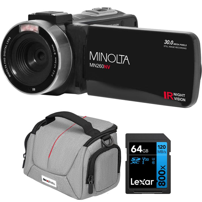 Minolta MN260NV 1080P FHD / 30 MP Night Vision Camcorder, Black + 64GB Bundle