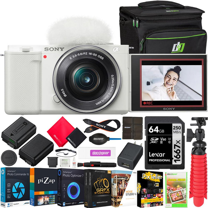 Sony ZV-E10 Mirrorless APS-C Vlog Camera Body + 16-50mm Zoom Lens Kit White Bundle