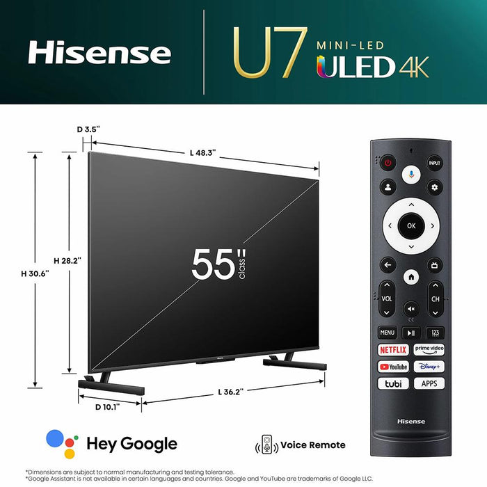 Hisense 55-Inch U7 Series Mini-LED ULED 4K Google TV (55U7K, 2023 Model) - Open Box