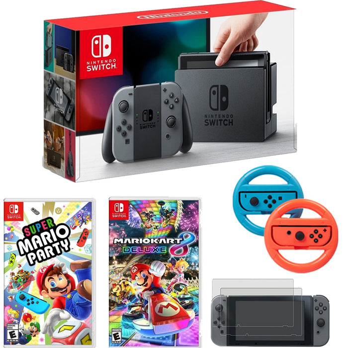 Nintendo Switch 32GB Console Gray Joy Con + Mario Kart 8 Deluxe & Super Mario Party Kit