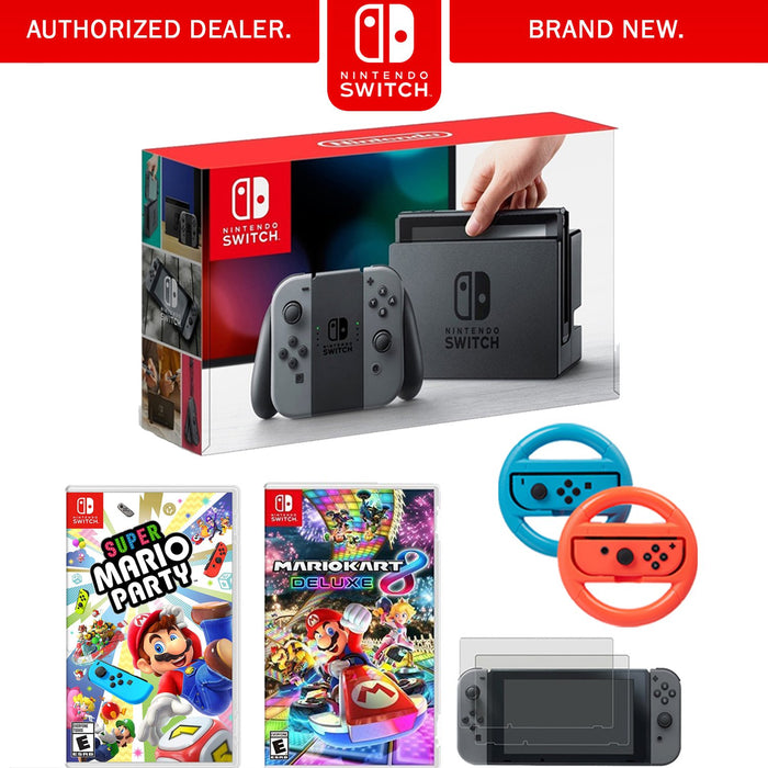 Nintendo Switch 32GB Console Gray Joy Con + Mario Kart 8 Deluxe & Super Mario Party Kit