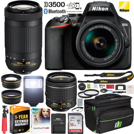 Nikon D3500 DSLR Camera 18-55 VR & 70-300 2 Lens + Ext. Warranty Case  Accessory Bundle