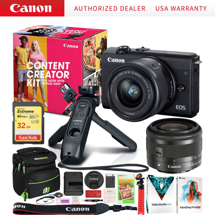 Canon EOS M200 Mirrorless Digital Camera Content Creator Kit w/ 15-45mm + Tripod Grip