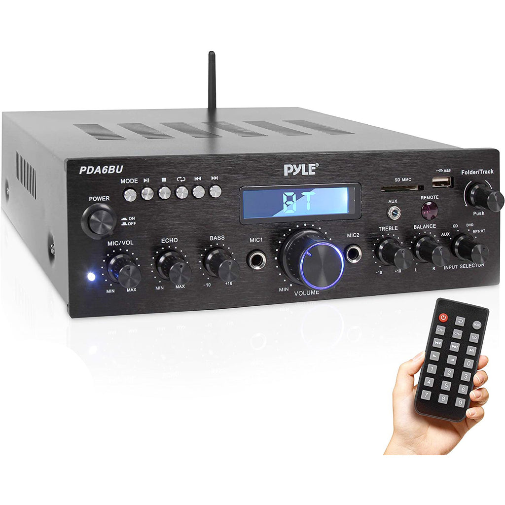 Pyle Wireless Bluetooth Home Power Amplifier 200 Watt Audio Stereo  Receiver w/USB Port, AUX in, FM Radio, Karaoke Microphone Input, Remote 
