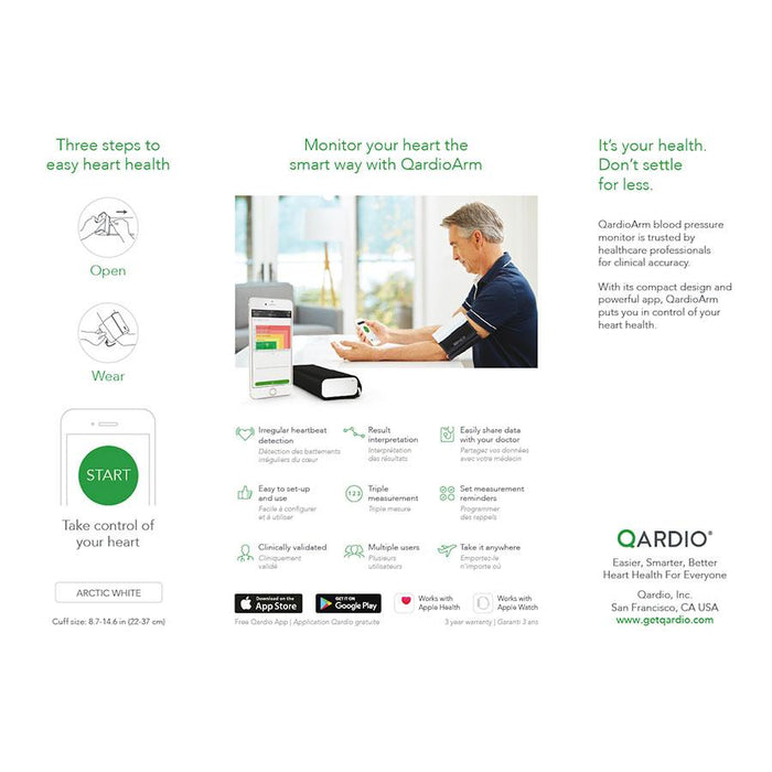  QardioArm Wireless Blood Pressure Monitor: Easy to Use Smart  Upper Bluetooth Arm Cuff. App-enabled for iOS, Android, Apple Watch.  FSA/HSA eligible. : Health & Household