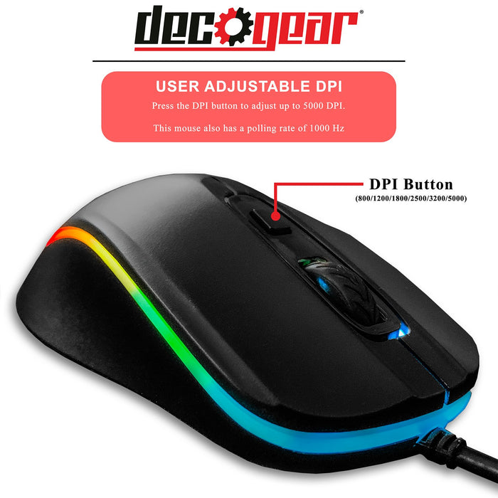 Deco Gear Wired Gaming Mouse, LED, 800-5000 DPI Adjustable with Full Length Mouse Pad