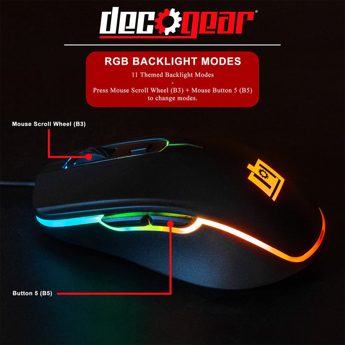 Deco Gear Wired Gaming Mouse, LED, 800-5000 DPI Adjustable with Full Length Mouse Pad