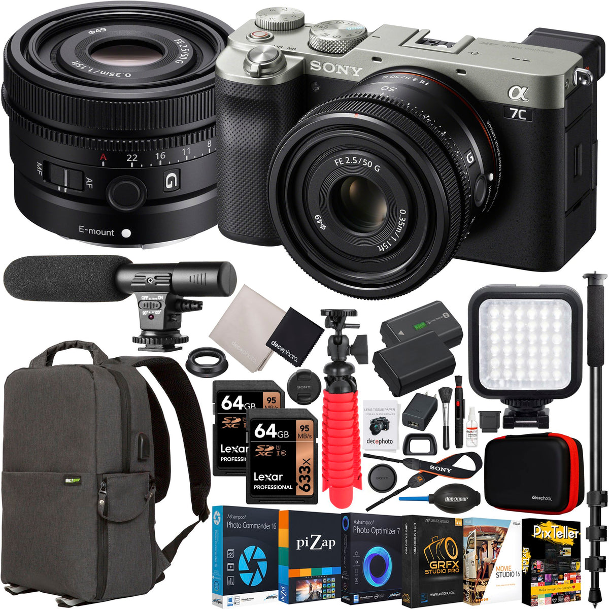  Sony Alpha 7C II Full-Frame Camera with 28-60mm Lens (Black)  Bundle with Lexar 64GB SD Card, Gadget Bag & More