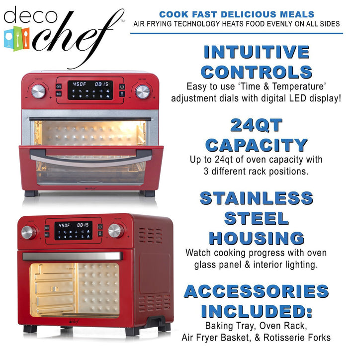Deco Chef 24 QT Red Stainless Steel Countertop 1700 Watt Toaster Oven with  Built-in Air Fryer and Included Rotisserie Assembly, Grill Rack, Frying  Basket, and Baking Pan 