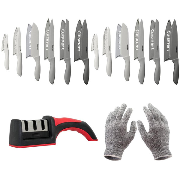 Cuisinart C55-12PCG Advantage 12-Piece Gray Knife Set with Blade Guards  Bundle with Deco Gear Kitchen Safety Cut Resistant Gloves and Deco  Essentials 3 Slot Manual Knife Sharpener 