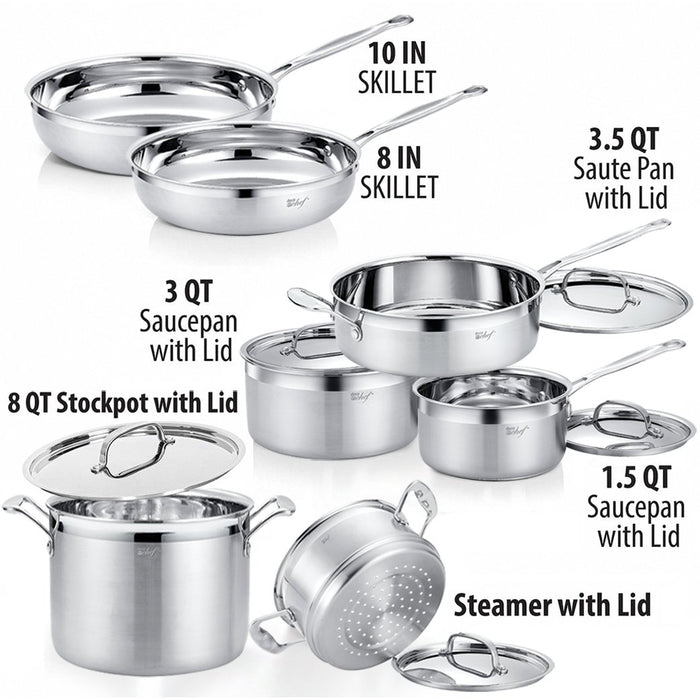 Cooks Essentials Stainless Steel 12-Piece Set Stockpot Saucepan Skillet Lid