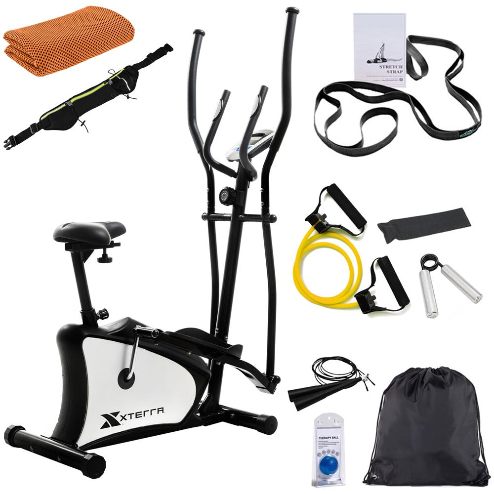 XTERRA Fitness EU100 Hybrid Elliptical Upright Exercise Bike w Fitness Bundle