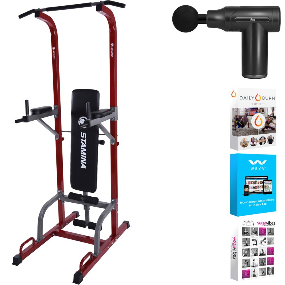 Stamina 50 1735 Full Body Power Tower with Upholstered Bench Massage Gun Bundle