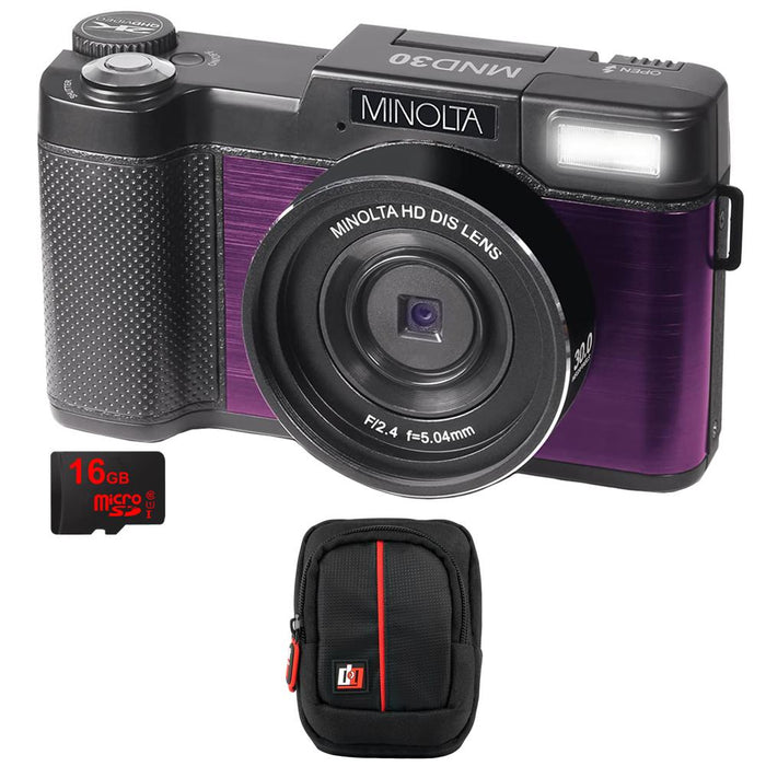 Minolta MND30 30MP 2.7K UHD 4X Zoom Digital Camera, Purple w/ Deco