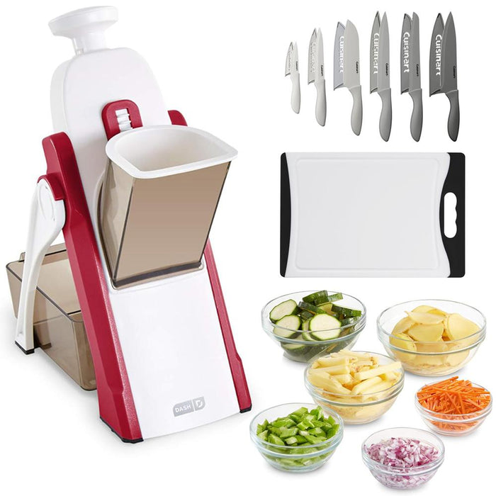 Dash Safe Slice Mandoline Slicer, Dicer, Red + Knife Set + Cutting Board Bundle