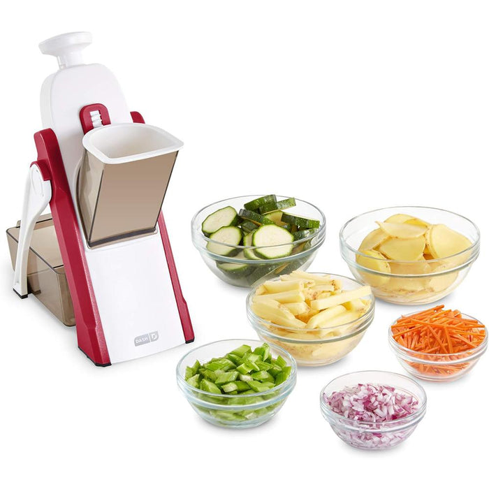 Dash Safe Slice Mandoline Slicer, Dicer, Red + Knife Set + Cutting Board Bundle