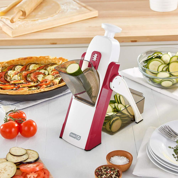 Dash Safe Slice Mandoline Slicer, Dicer, Red + Knife Set + Cutting Board Bundle