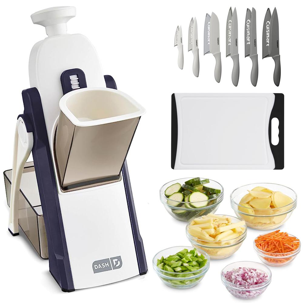 Dash Safe Slice Mandoline Slicer, Dicer, Navy + Knife Set + Cutting Bo